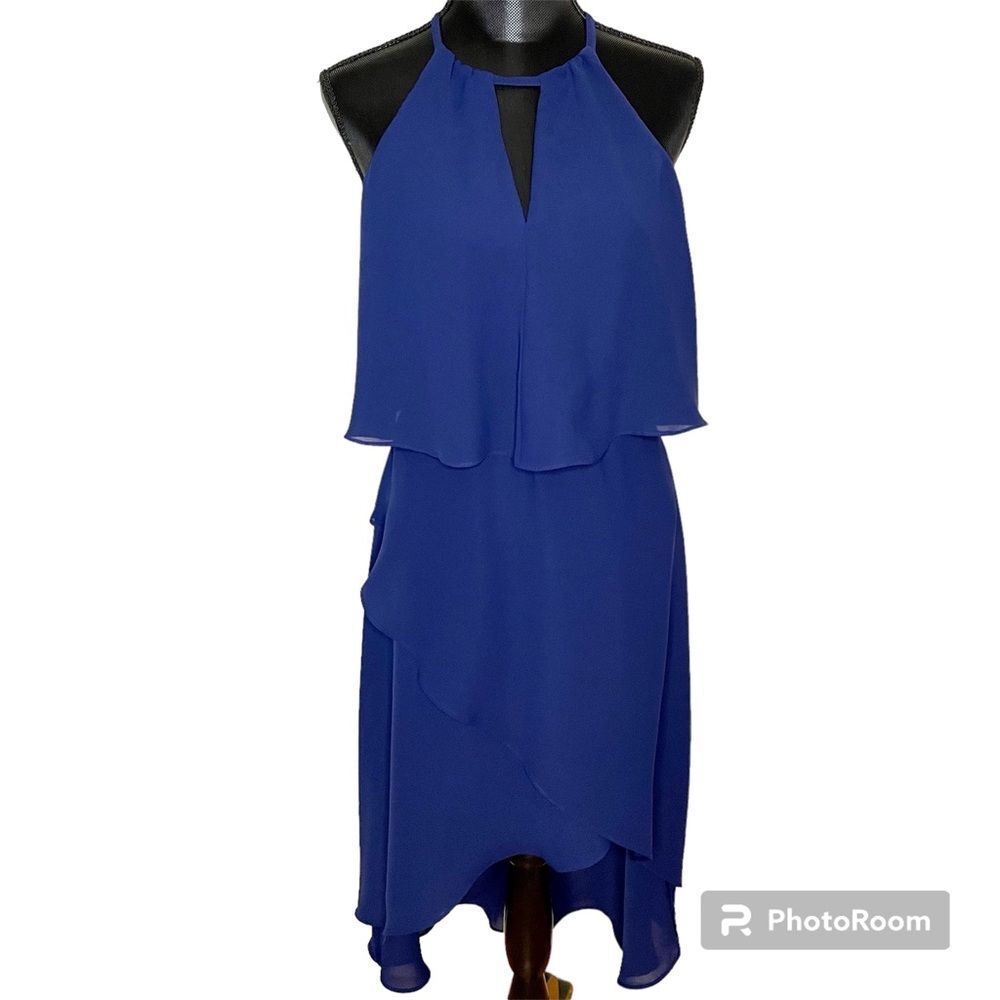Saks Fifth Avenue Dress Halter High Low Sleeveless Chiffon Flowy Drapey Blue 6